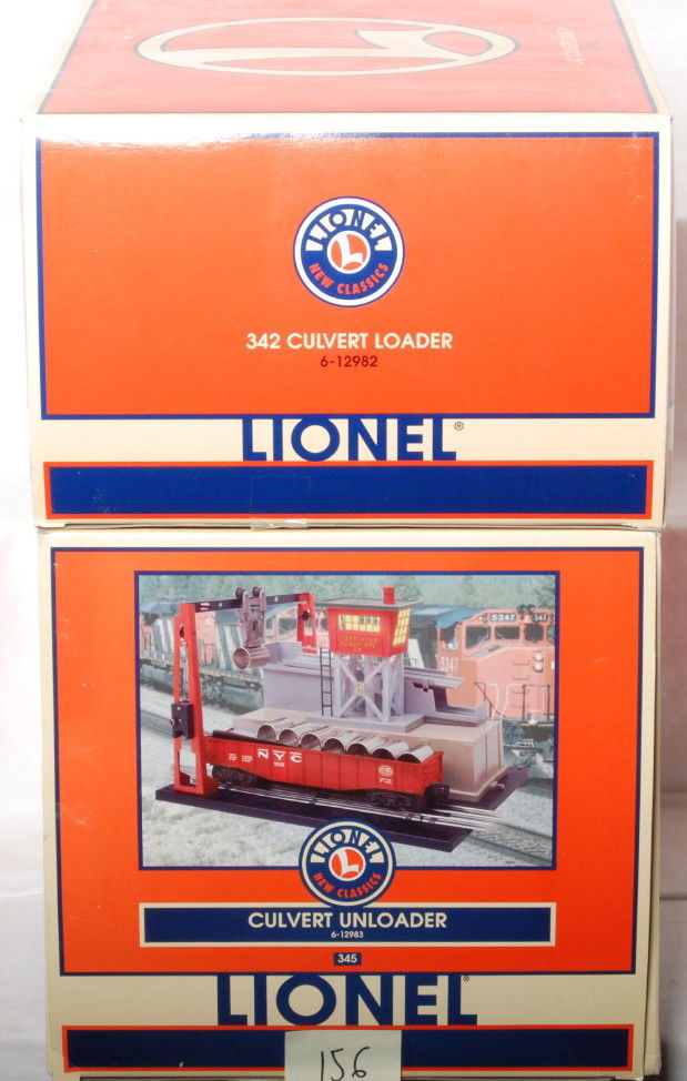 Lionel 12982 and 12983 Culvert loader and unloader: Lionel modern O gauge accessories. Includes 12983 #345 culvert unloader and 12982 #342 culvert loader. Items are C9-10 and appear unused.