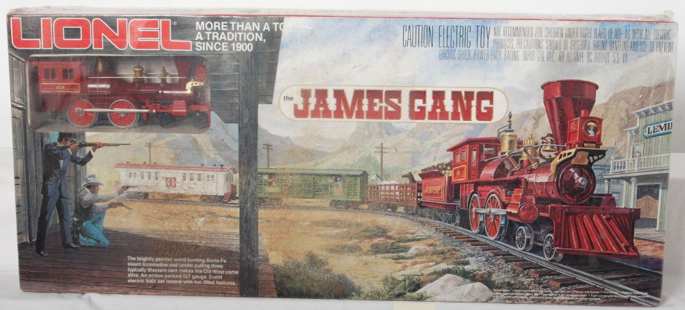 Lionel 1053 James Gang set sealed: Lionel modern O gauge 1053 James Gang set factory sealed in plastic. Set has some dirt on the celo, might clean. Trains are C9-10.
