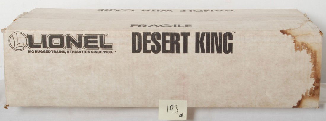 Lionel 11758 Desert King sealed: Lionel modern O Gauge 11758 Desert King Rio Grande set factory sealed in OB. Set box has some discoloration and water staining on one end.