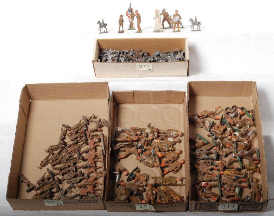 Toy soldiers, lead solid cast, hollow cast, Elasto: Very early childÕs toy soldiers. WWI figures: Elastolin American looking and three German looking (one has a potato masher hand grenade), solid cast lead soldiers, solid cast iron figures, hollow cas