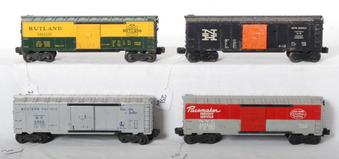 Lionel 6464-1, -125, -300, -425 boxcars: Postwar Lionel O gauge 6464-1 W.P. blue letter, 6464-125 N.Y.C., 6464-300 Rutland, and 6464-425 New Haven, C6.