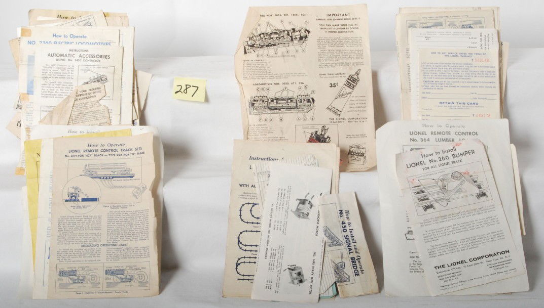 Lionel postwar instructions sheets: Postwar Lionel O gauge instructions sheets, four inch tall stack. 345, 1122, ZW, 125, 153c, 260, 154, 111, 2360, 1615, and others. Warranty cards and component envelopes included.