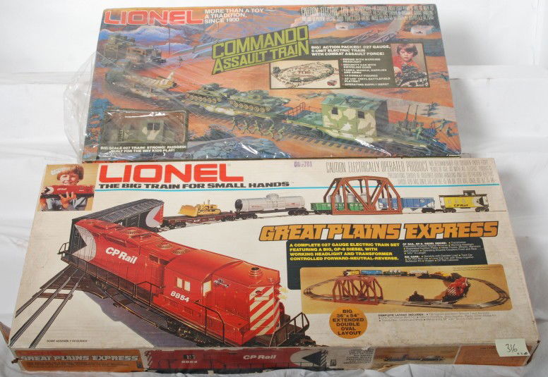 Lionel 1355 Commando and 1866 Great Plains express: Lionel modern O gauge 1355 Commando Assault and 1866 Great Plains Express set. Both sets are sealed and trains are assumed C9-10. Set boxes have some wear and light warping. See photos for best descri