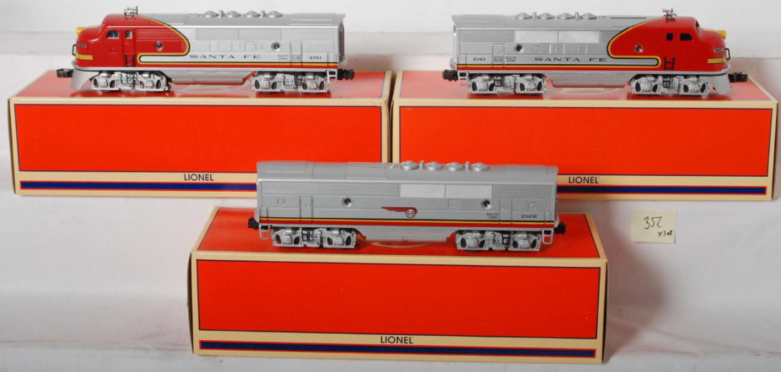 Lionel Santa Fe F3 A-B-A 18129, 18129, 18134: Lionel modern O Gauge Santa Fe F3 A-B-A in OBs. Includes 18128 powered A, 18129 dummy B , and 18134 dummy B. Locos feature TMCC, Railsounds, Electrocouplers, and more. Locos are C8-9 with very light r