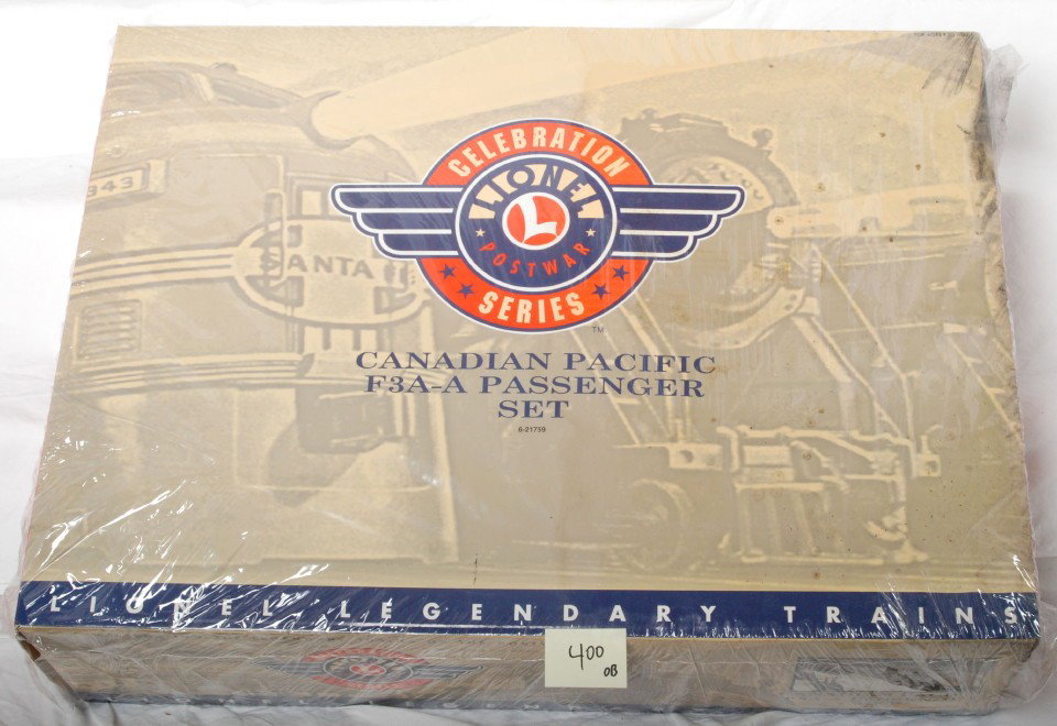 Lionel 21759 Canadian Pacific F3 Pass Set: Lionel modern O gauge Postwar Celebration Series 21759 Canadian Pacific F3 passenger set factory sealed in OB with shipping carton. Trains are assumed C10, however set box has water damage to about a 