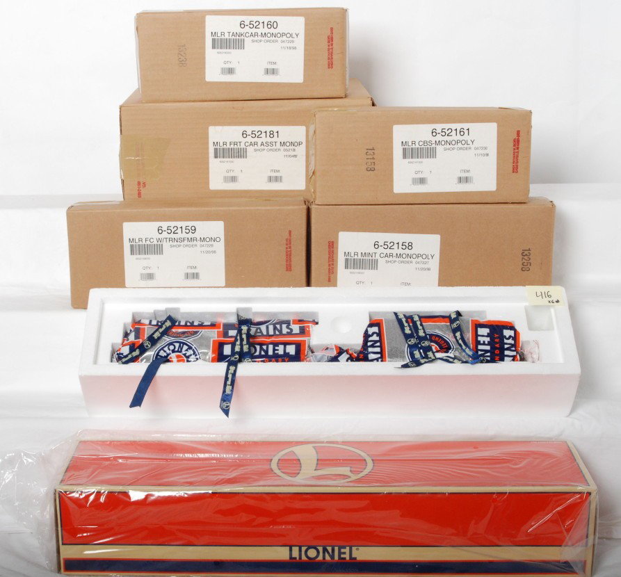 Lionel Monopoly train set 52189, 52181, etc.: Lionel modern O gauge Monopoly train set. All items are C9-10 either factory wrapped or sealed. Includes 52189 Hudson steam locomotive, 52181 freight car four pack, 52161 caboose, 52159 transformer ca