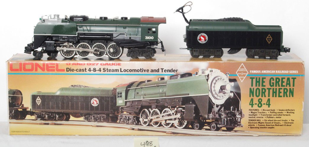 Lionel 3100 Great Northern 4-8-4 locomotive: Lionel modern O Gauge 3100 Great Northern 4-8-4 steam locomotive in OB. Loco smoke, whistle, and sound of steam. Locomotive is C8 with some run time. OB has some corner and edge wear.