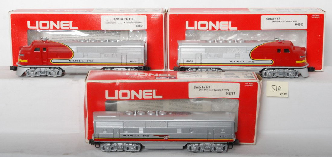 Lionel Santa Fe F3 A-B-A 8777, 8652, 8653: Lionel modern O gauge Santa Fe F3 A-B-A diesel locomotives in OBs. Includes 8652 powered A, 8653 dummy A, and 8777 dummy B. Locos are C8-9 with no major signs of run time. Nose decals each have one ha