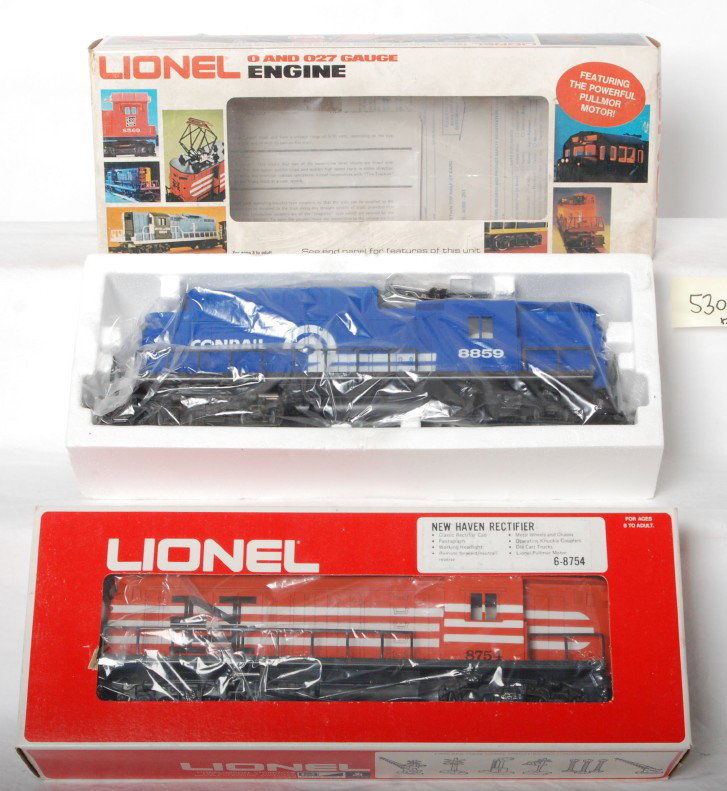 Lionel 8859 Conrail and 8754 New Haven rectifiers: Lionel modern O gauge rectifier locomotives in OBs. Includes 8859 Conrail and 8754 New Haven. Both locos in OBs. Conrail is high C8-9 with light run time and New Haven is C9 area, however there are a 