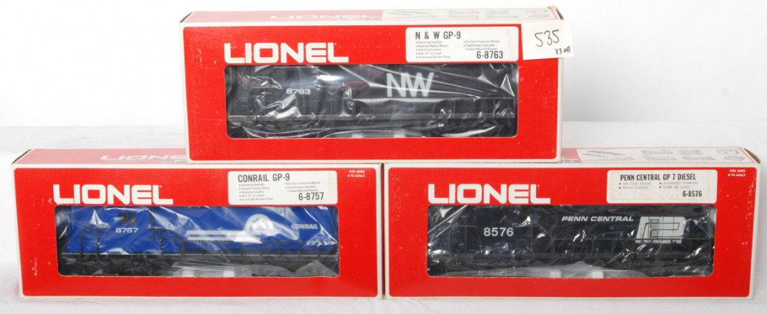 3 Lionel GP locomotives 8757, 8576, 8763: Lionel modern O gauge diesel locomotives in OBs. Locos include 8757 Conrail GP9, 8576 Penn Central GP7, and 8763 Norfolk and Western GP9. Locos are C8-9 with very light if any run time. OBs show very 
