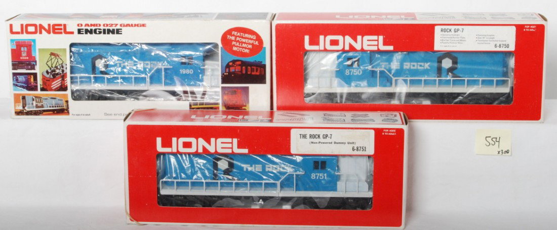 Lionel Rock 8750, 8751, and 8068 locos: Lionel modern O gauge Rock diesel locomotives in OBs. Includes 8750 and 8751 GP7 power and dummy and 8068 LCCA GP20. Locos are C9-10. OBs have light corner and edge wear.