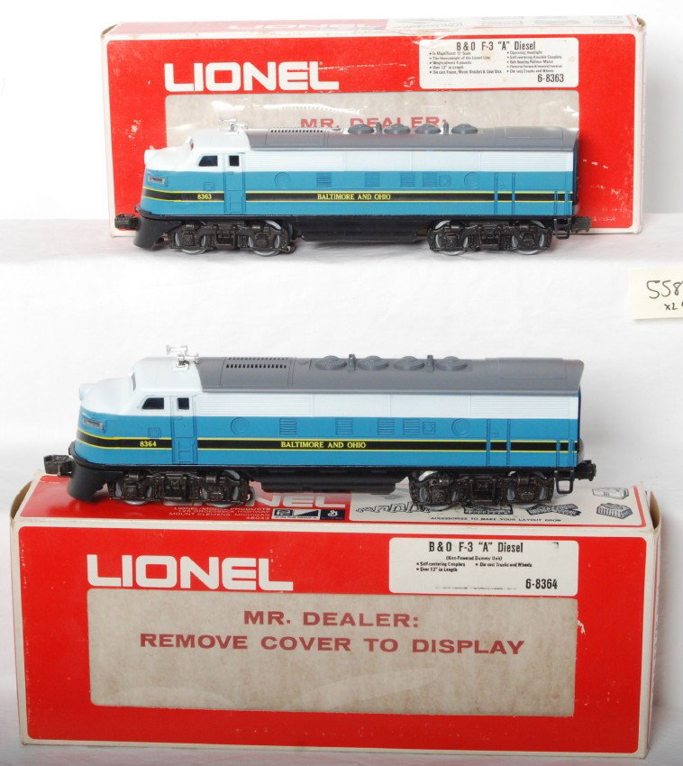Lionel B&O F3 A-A 8363 8364: Lionel modern O Gauge Baltimore and Ohio 8363 and 8364 F-3 diesel locomotives in OBs. One unit powered and one dummy. Units are C9-10 with clean nose decals. Very minor crazing in the nose paint on th