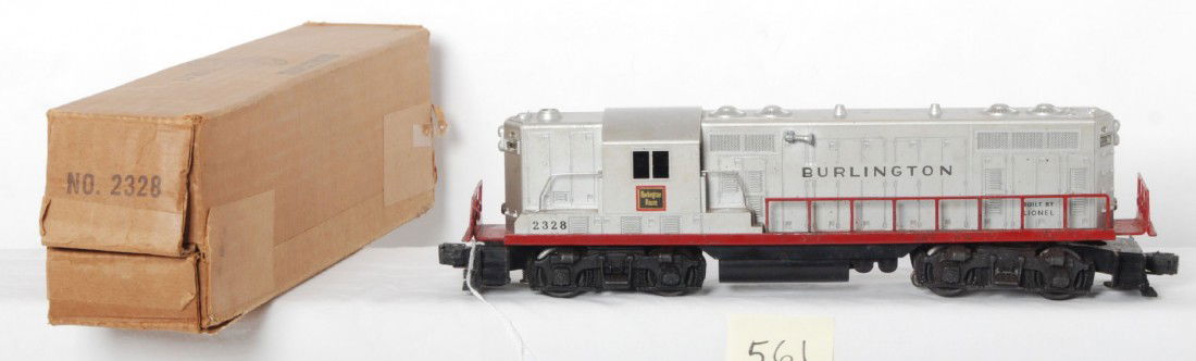 Lionel 2328 Burlington Northern GP diesel in OB: Postwar Lionel O gauge 2328 Burlington GP diesel locomotive in original box. Chassis needs restored, shell should clean C6. Box has some writing, otherwise C7+ in shape with no missing flaps.