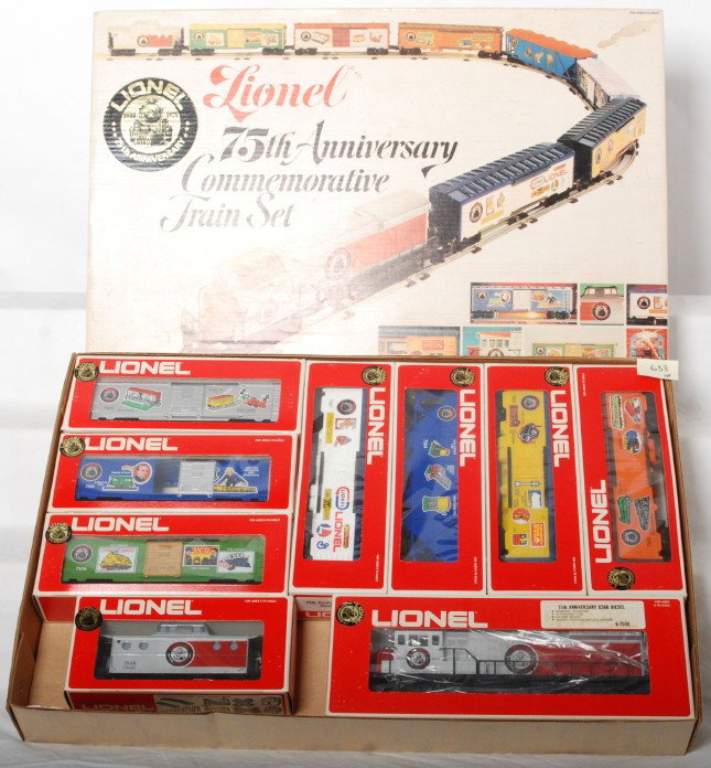 Lionel 1585 75th anniversary set: Lionel modern O Gauge 1585 75th Anniversary Commemorative train set in OB. Set box and component boxes have light staining but loco and cars are C8-9, with very little if any run time. One light scrat