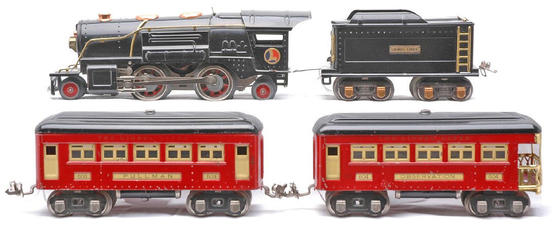Lionel Red Passenger Set 259E 262T 603 604: Lionel prewar O gauge red passenger set containing; 259E black 2-4-2 steam loco with brass and copper trim, 262T tender, 603 Pullman and 604 observation. The cars have cream inserts and black roofs. T