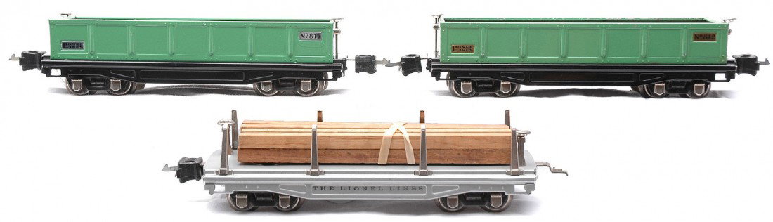 Lionel Freight Cars 812 811 w/Nickel 812 Brass: Lionel prewar O gauge freight cars; 812 green gondola and a 811 aluminum flatcar with wood load, both with nickel trim and journals and a 812 green gondola with brass trim and nickel journals. The 812