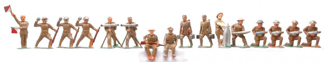 Manoil sixteen Military Figures: Manoil Military figures including five shell loaders, one fusing bomb, two sitting, two ammo carriers both missing helmets, three grenade throwers, two range finders missing helmets and signal flagman