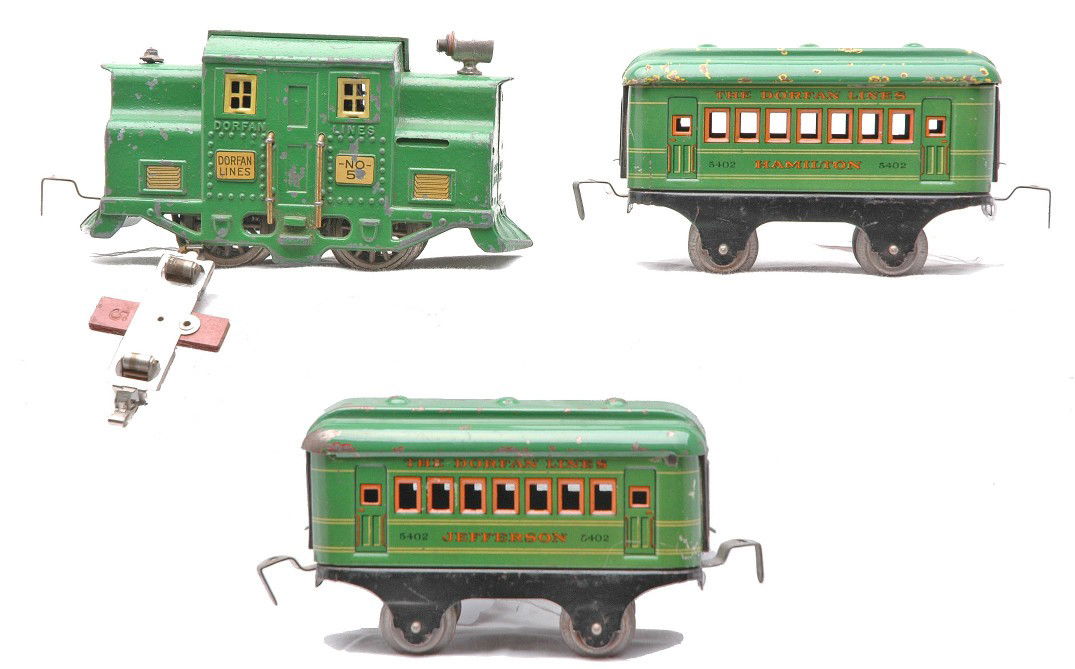Dorfan Lithographed Green Pass Set 51 5402 5402: Dorfan prewar narrow gauge lithographed green passenger set containing; 51 take apart 0-4-0 electric loco, 5402 Hamilton coach and a 5402 Jefferson coach. The die casting on the loco is solid and inta