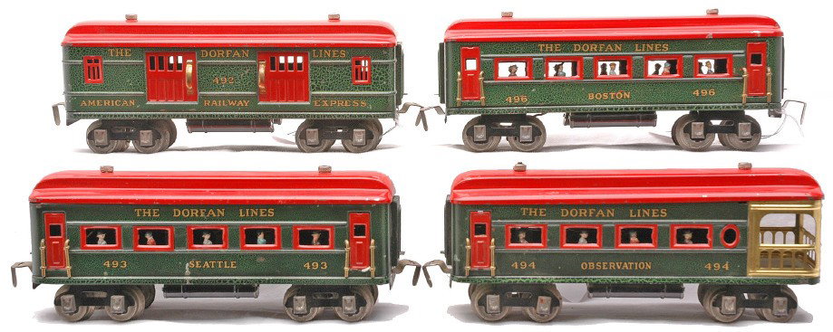 Dorfan Crackle Green Pass Cars 492 493 496 494: Dorfan prewar narrow gauge crackle green passenger cars with red roofs including; 492 American Railway Express baggage, 493 Seattle Pullman, 496 Boston Pullman and a 494 observation. The Pullmans each