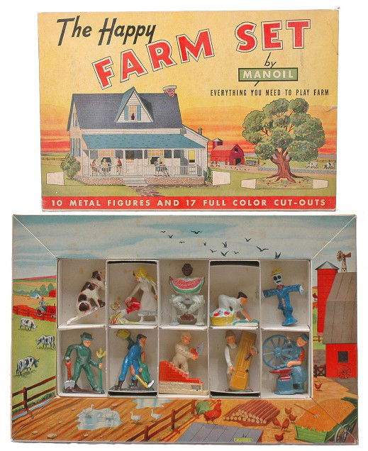 Manoil The Happy Farm Set No. 1150 LN Boxed: Manoil The Happy Farm Set No. 1150 including ten figures in original box with lid artwork. The figures in the set are: hound dog, girl watering flowers, black man sitting on fence eating watermelon, l