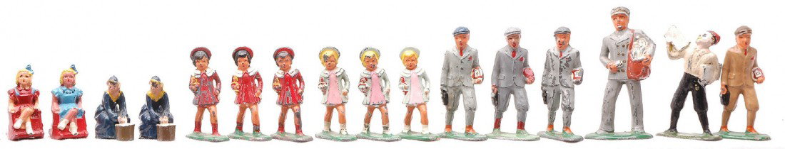 Barclay Little Girls Boys Mailman Newsboy: Barclay figures including six little girls with dolls, two girl in rocking chair, two ladies with bucket, four boys, mailman and newsboy. Figures have minor to moderate paint loss.