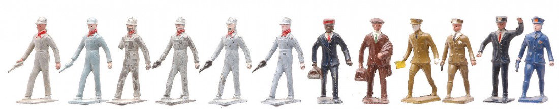 Lincoln Logs nine Metal Railroad Figures: Lincoln Logs nine metal Railroad figures, one has a broken arm and one has a broken base. Figures have minor paint loss.