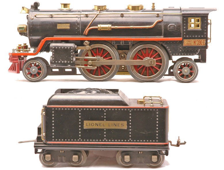 Lionel 390E Loco 390T Tender w/Orange Striping: Lionel prewar standard gauge 390E black 2-4-2 steam loco with brass and copper trim and a 390T tender with brass trim and nickel journals. The loco and tender have orange striping. The loco and tender