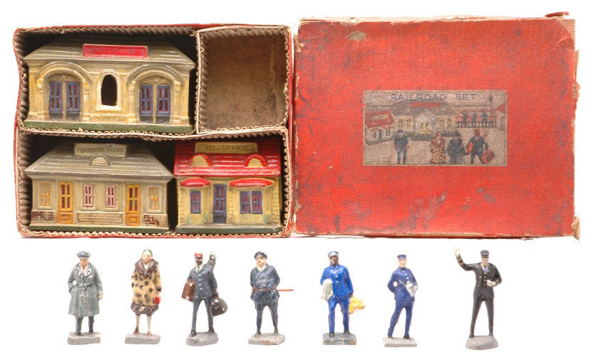 Japanese Composition RR Set w/Buildings Figures: Japanese composition Railroad set with three buildings and seven figures in worn OB. The buildings are C8 and the figures are C7.