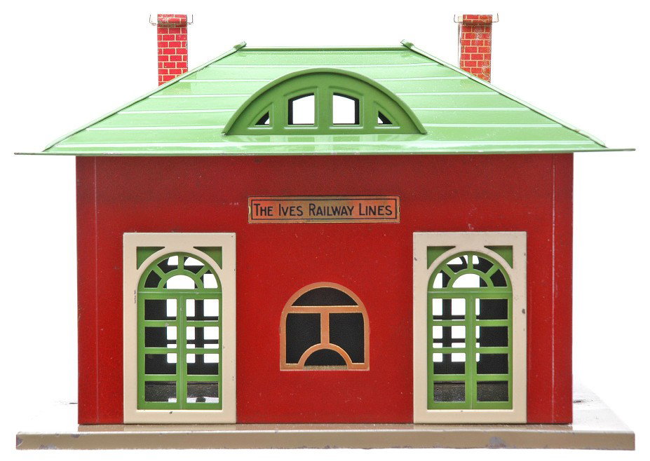 Ives-Lionel 226 Illuminated Red Crackle Station: Ives-Lionel prewar transition 226 illuminated station with Mojave base, red crackle walls, pea green roof and doors, ivory door frames brass plates and lithographed red chimneys. The station has an Iv