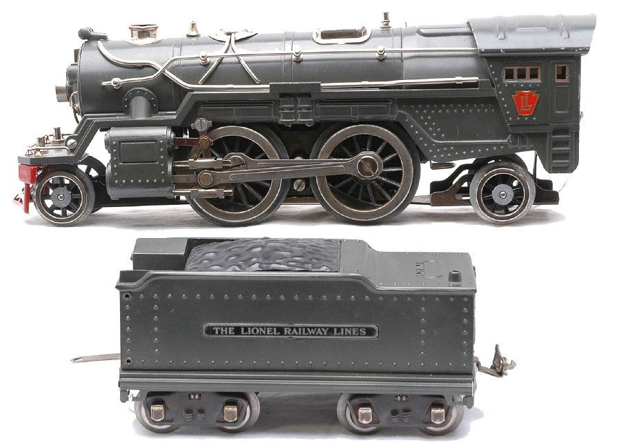 Lionel Std. Ga. 385E Gunmetal Loco 385W Tender: Lionel prewar standard gauge 385E gunmetal 2-4-2 steam loco and 385W tender both with nickel trim. The engine and tender have been restored to look like.