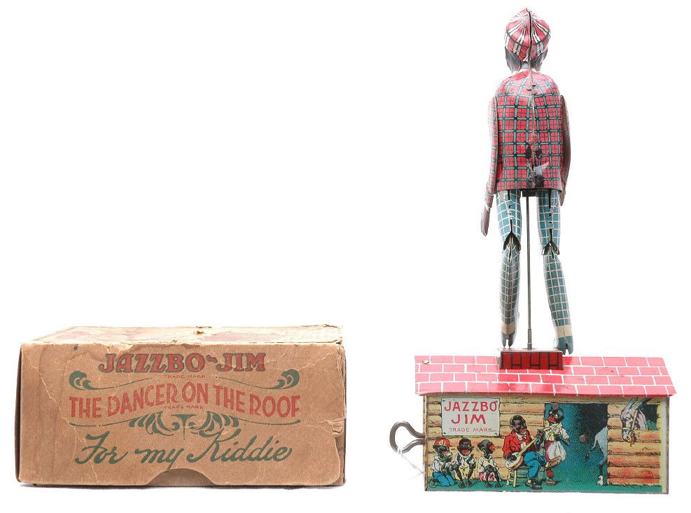 Unique Art Jazzbo Jim The Dancer on the Roof OB: Unique Art Mfg. Co. tin lithographed wind up Jazzbo Jim the dancer on the roof in worn OB, C6.