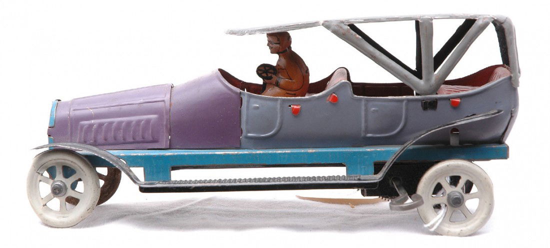 Vintage Penny Toy Tin Wind Up Car with Driver: Vintage penny toy tin wind up touring car with driver, gray roof, purple hood, blue frame and black running boards, C6.