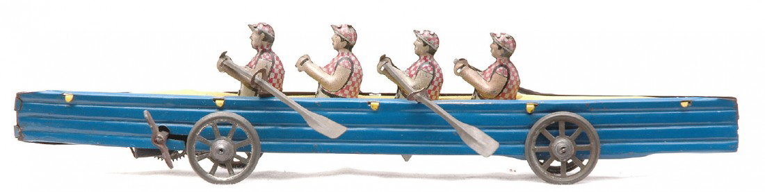 Vintage Penny Toy Tin Litho Windup Boat w/Oarsmen: Vintage penny toy tin lithographed wind up boat with four oarsmen, C7.