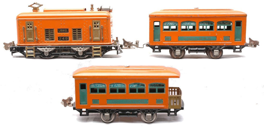 Lionel 292 Orange Passenger Set 248 629 630: Lionel prewar O gauge orange passenger set no. 292 containing; 248 electric 0-4-0 loco, 629 Pullman and a 630 observation. The cars have peacock inserts and nickel journals. The wheels on the loco are