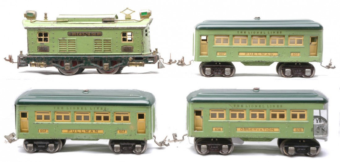 Lionel 2-Tone Green Passenger Set no. 296: Lionel prewar O gauge two-tone green passenger set no. 296 containing; 253 electric 0-4-0 loco, two 607 Pullmans and a 608 observation. The cars have cream inserts and nickel journals. The wheels on t