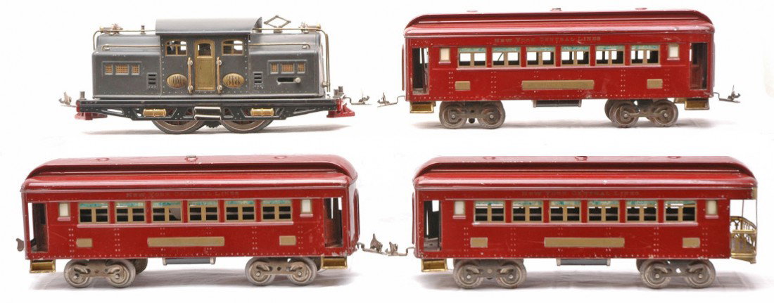 Lionel Maroon NYC Pass Set 342 318 319 319 322: Lionel prewar standard gauge maroon passenger set no. 342 containing; 318 gray 0-4-0 electric loco with brass trim and plates, two 319 Pullmans and 322 observation. The cars are lettered New York Cent