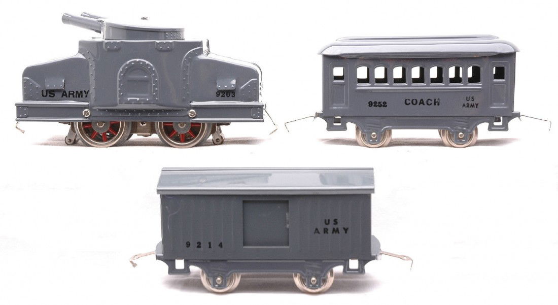 Rich-Art Repro Lionel Army Train 203 Coach Boxcar: Rich-Art Company reproduction of a Lionel prewar O gauge gray U.S. Army train set including; 203 armored tank engine, Personnel coach and a supply boxcar. The set is C9.