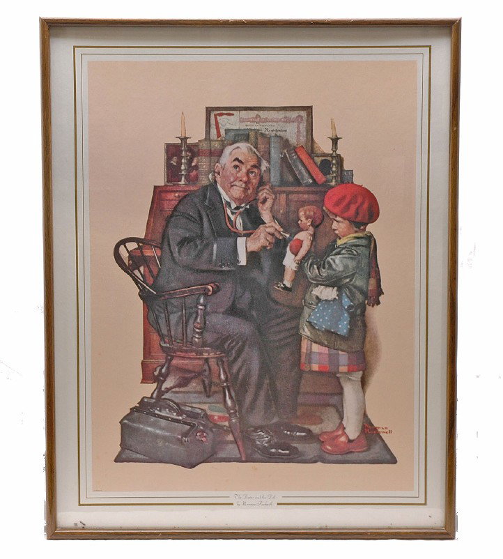 Framed Norman Rockwell Print Doctor & the Doll: Framed print by Norman Rockwell titled The Doctor and the Doll. The print measures 29 inches by 23 inches.