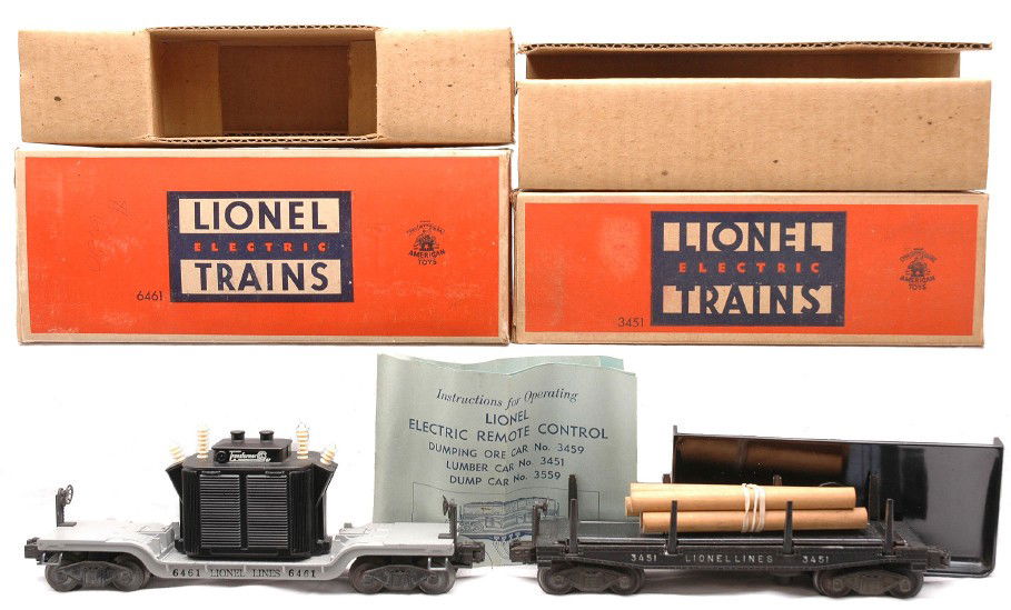 Lionel 6461 Transformer 3451 Lumber Car OBs: Lionel postwar 6461 transformer car and a 3451 automatic lumber car with lumber load, 160 bin and instruction sheet both in OBs that have original cardboard inserts. Both cars are C8. Both OBs have al
