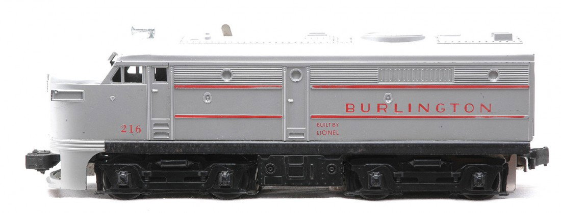 Lionel Postwar 216 Burlington Alco A Diesel LN: Lionel postwar 216 Burlington Alco A diesel unit. The silver is bright and clean, however it does have some box rubs. Alco is C8.