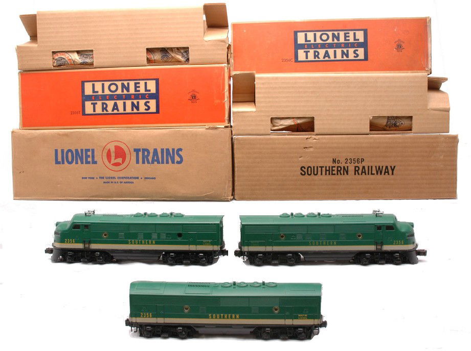 Lionel 2356P/C/T Southern F3 ABA Diesels OBs: Lionel postwar 2356P/2356T Southern F3 AA diesel units both in individual OBs that have original cardboard inserts, paper wrap and a master carton. The power A unit is missing one porthole and has a s