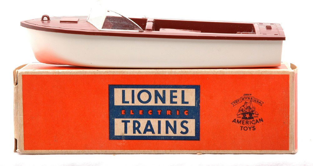 Lionel 6801-60 Boat w/White Hull Brown Deck OB: Lionel postwar 6801-60 boat with a white hull and brown deck in a separate sale box. The boat is C9. The OB is square and clean with all flaps attached.