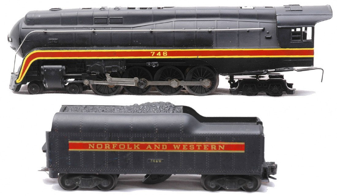 Lionel 746 N&W Class J Loco 746W Tender: Lionel postwar 746 Norfolk & Western 4-8-4 Class J Northern loco with a 746W tender that has a short stripe, C7-8.
