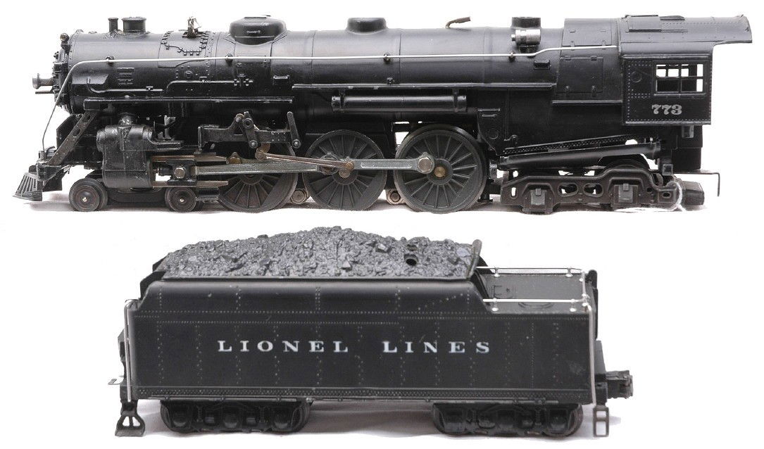Lionel Postwar 773 Hudson Loco 2426W Tender: Lionel postwar 773 black 4-6-4 Hudson steam loco and a 2426W tender, circa 1950. One corner of the loco roof cab has a very slight bend. The screw holding the boiler front in is stripped. The tender i