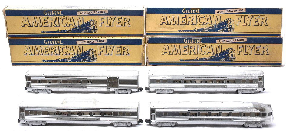 AF Chrome AFL Pass Cars 960 961 962 963 OBs: American Flyer S gauge chrome AFL passenger cars including; 960 Columbus combo, 961 Jefferson Pullman, 962 Hamilton vista dome and a 963 Washington observation all in OBs. The chrome on the cars is sh