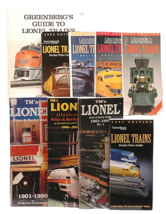 Selection of Train Books Pocket Price Guides LN: Selection of train books; GreenbergÕs Guide to Lionel Trains 1945-1969 by Bruce C. Greenberg, three TM Lionel Price & Rarity Guides; 1901-1995, 1901-1996 and 1900-2002 and GreenbergÕs Lionel Trains 