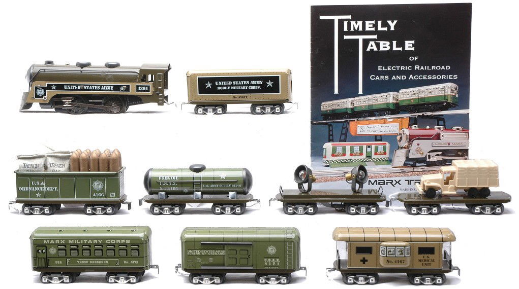 Marx Lithographed Mobile Military Supply Train: Marx lithographed mobile military supply train reproduction by Marx Trains including; 4361 United States Army 0-4-0 streamline loco, 4361T United States Army Mobile Military Corps. tender, 4171 Ordnan