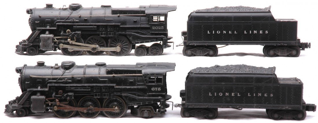 Lionel 675 Loco 2466WX Tender 2025 Loco 6466W: Lionel postwar 675 black 2-6-2 steam loco with a 2466WX tender that has one pickup roller missing and a 2025 black 2-6-4 steam loco with a 6466W tender, circa 1952. The 675 and 2466WX are C6 and the 2