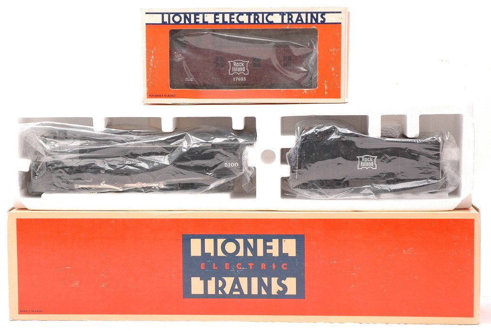 Lionel 18001 RI Loco & Tender 17603 RI Caboose: Lionel 18001 Rock Island 4-8-4 loco and tender and a 17603 Rock Island caboose in OBs. The loco, tender and caboose have never been run, C9-10.