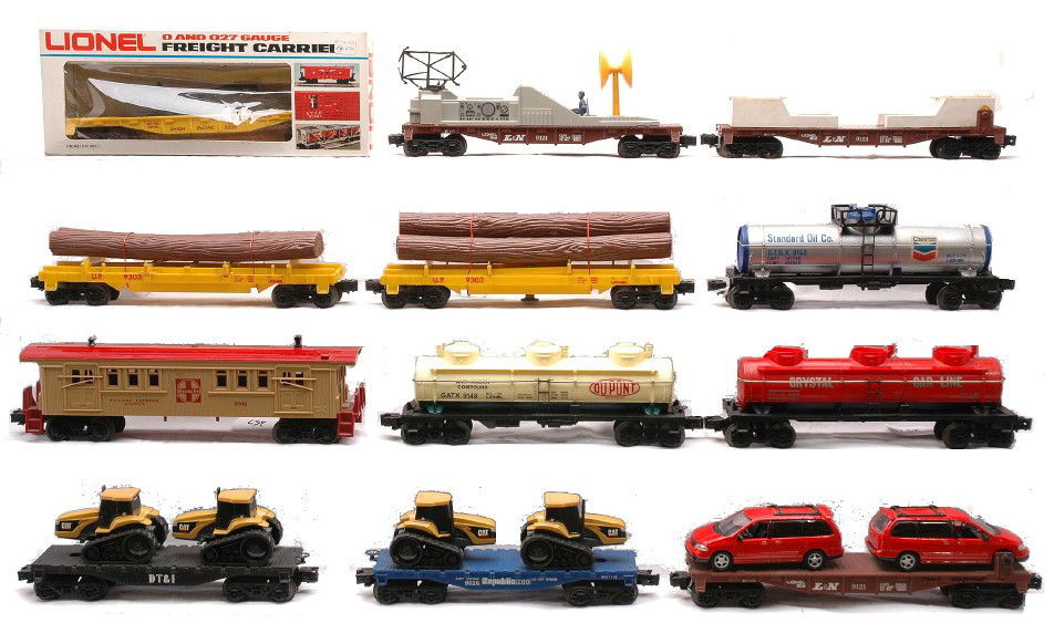 Lionel 9121 9153 9303 9235 9353 9148 9026 9541: Lionel freight cars; 9121 L&N flatcar modified with two Ford Windstar mini vans, 9121 L&N flatcar modified with radar top, 9121 L&N flatcar modified with missile load, 9153 Chevron tank, two 9303 Unio
